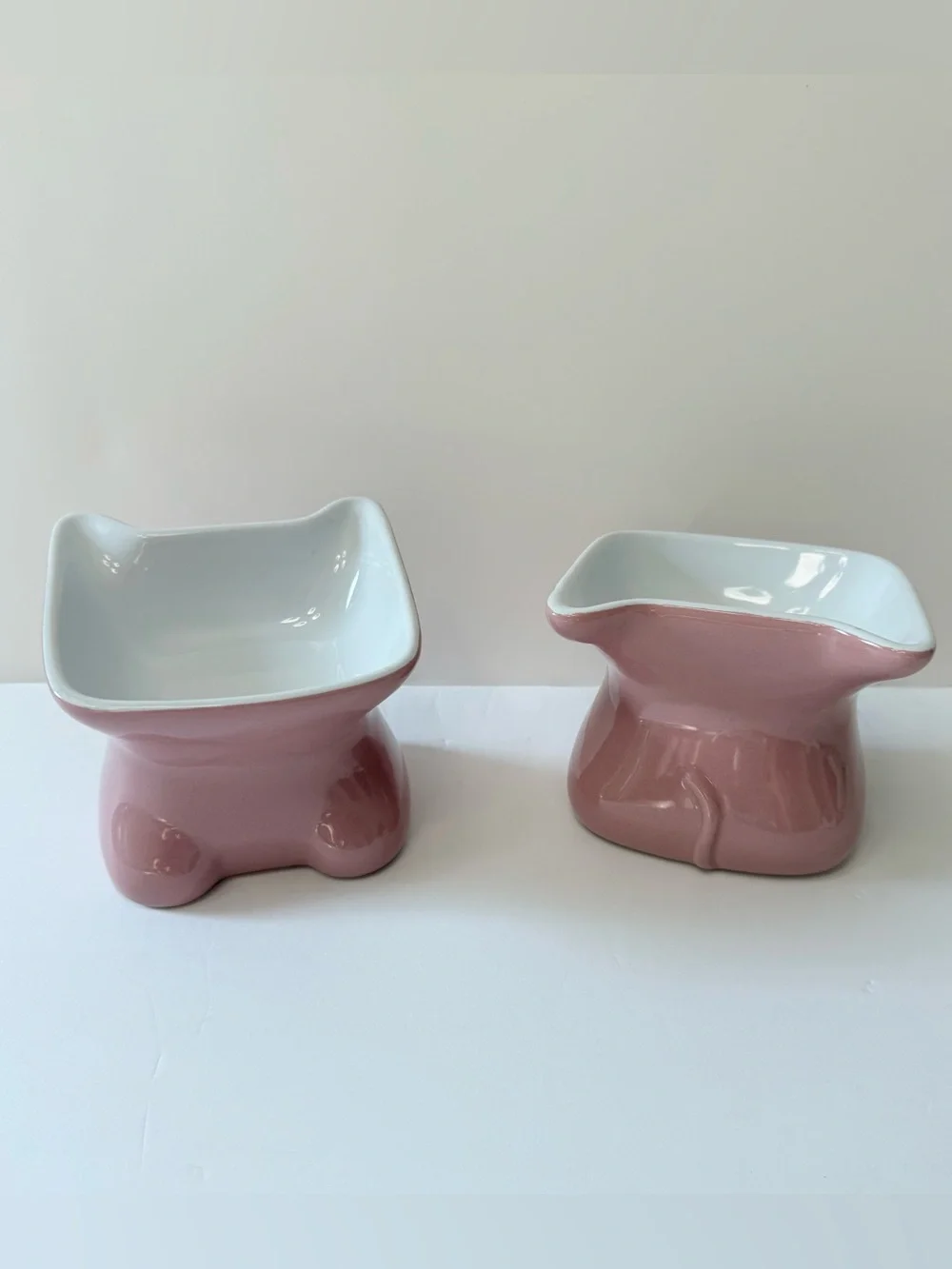 Whisker City Pink Ceramic Elevated Cat Bowls 4.5 oz Set Of 2 Cat Ear Shape Dish